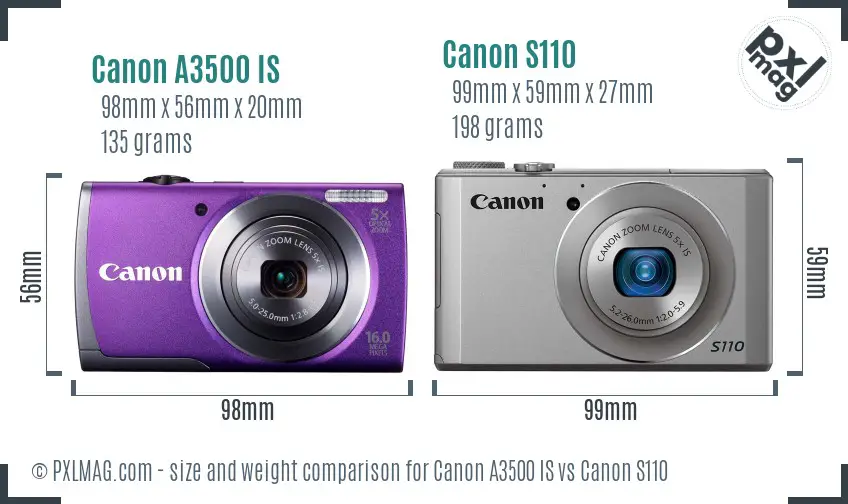 Canon A3500 IS vs Canon S110 size comparison