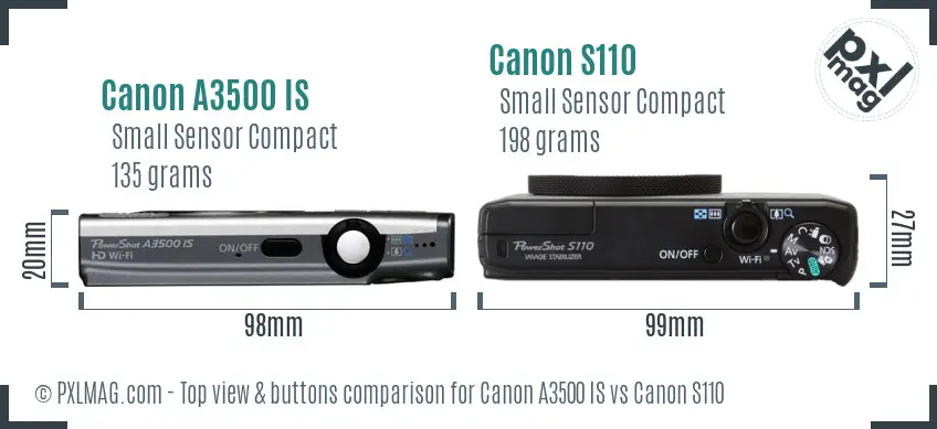 Canon A3500 IS vs Canon S110 top view buttons comparison