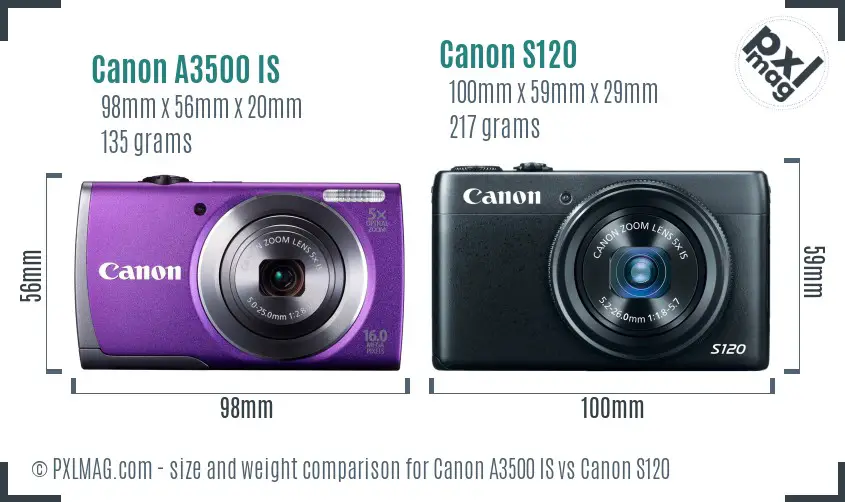 Canon A3500 IS vs Canon S120 size comparison