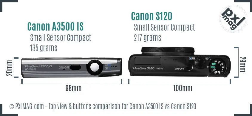 Canon A3500 IS vs Canon S120 top view buttons comparison