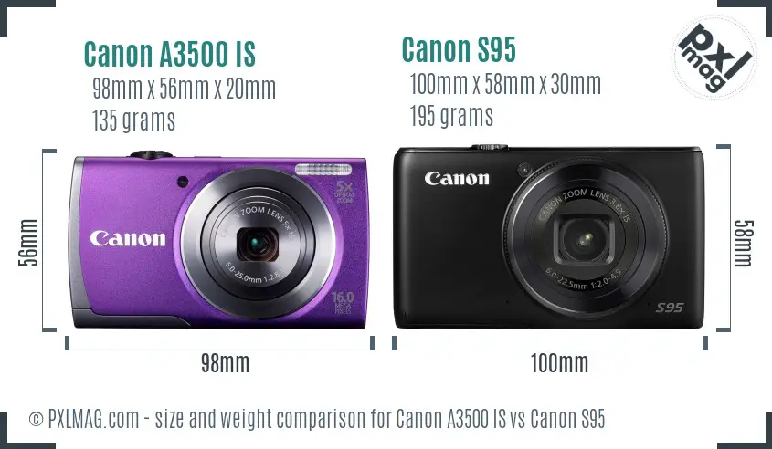 Canon A3500 IS vs Canon S95 size comparison Canon A3500 IS vs Canon S95 size comparison