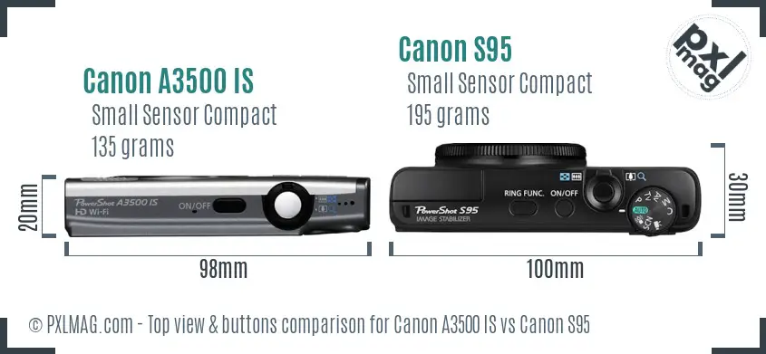 Canon A3500 IS vs Canon S95 top view buttons comparison Canon A3500 IS vs Canon S95 top view buttons comparison