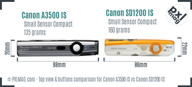 Canon A3500 IS vs Canon SD1200 IS top view buttons comparison