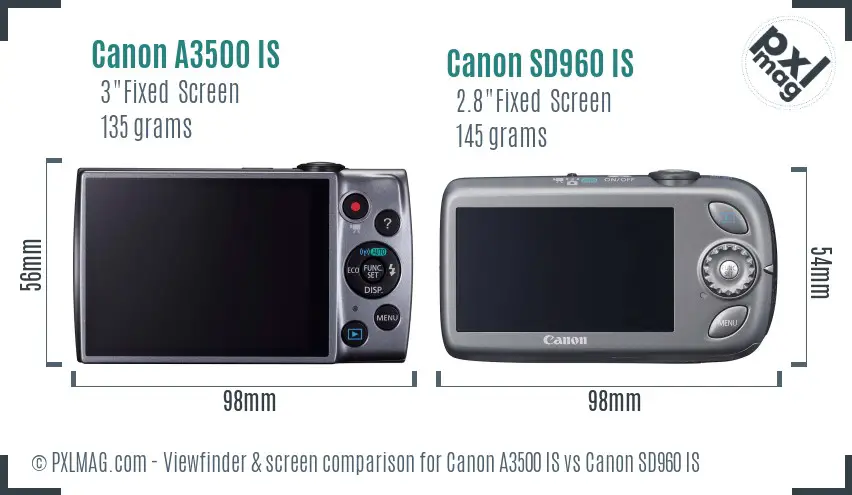 Canon A3500 IS vs Canon SD960 IS Screen and Viewfinder comparison