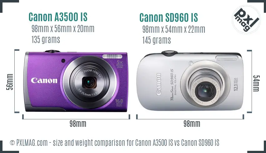 Canon A3500 IS vs Canon SD960 IS size comparison