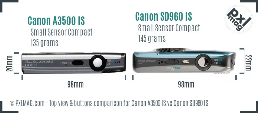 Canon A3500 IS vs Canon SD960 IS top view buttons comparison