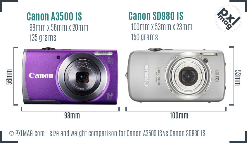 Canon A3500 IS vs Canon SD980 IS size comparison