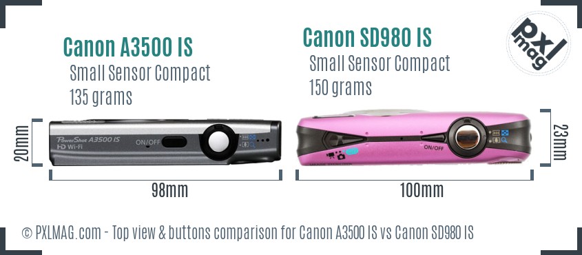 Canon A3500 IS vs Canon SD980 IS top view buttons comparison