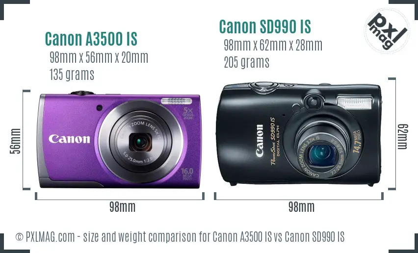 Canon A3500 IS vs Canon SD990 IS size comparison