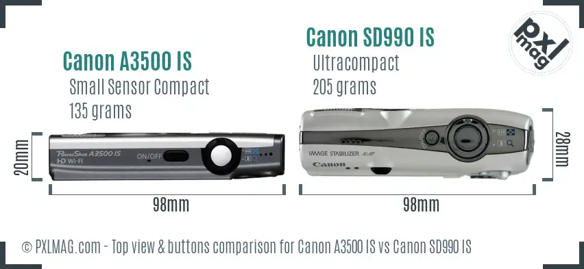 Canon A3500 IS vs Canon SD990 IS top view buttons comparison