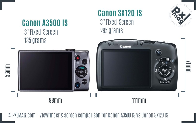 Canon A3500 IS vs Canon SX120 IS Screen and Viewfinder comparison