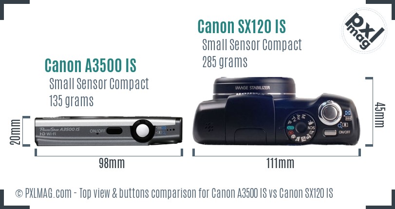 Canon A3500 IS vs Canon SX120 IS top view buttons comparison