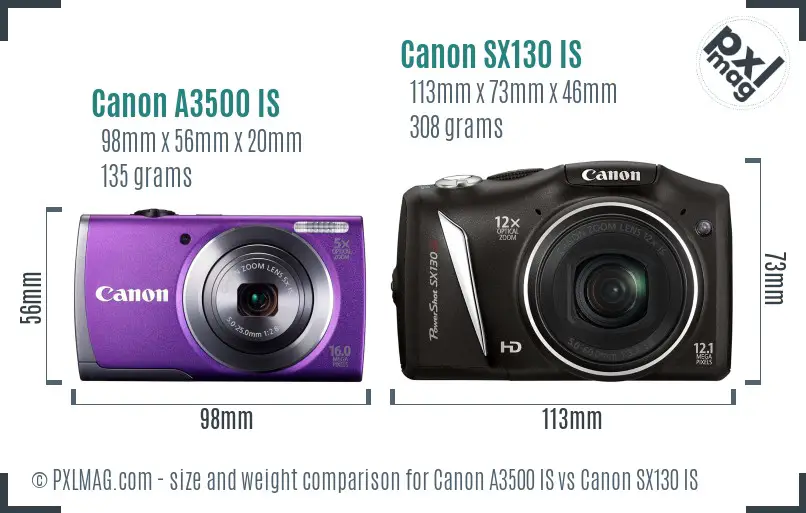 Canon A3500 IS vs Canon SX130 IS size comparison