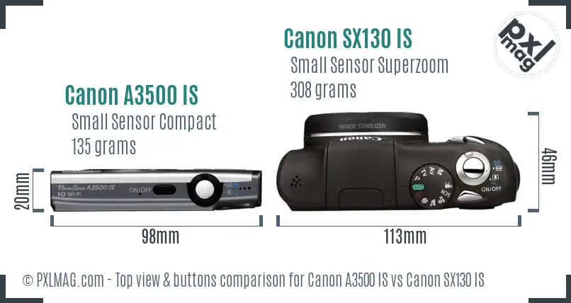Canon A3500 IS vs Canon SX130 IS top view buttons comparison