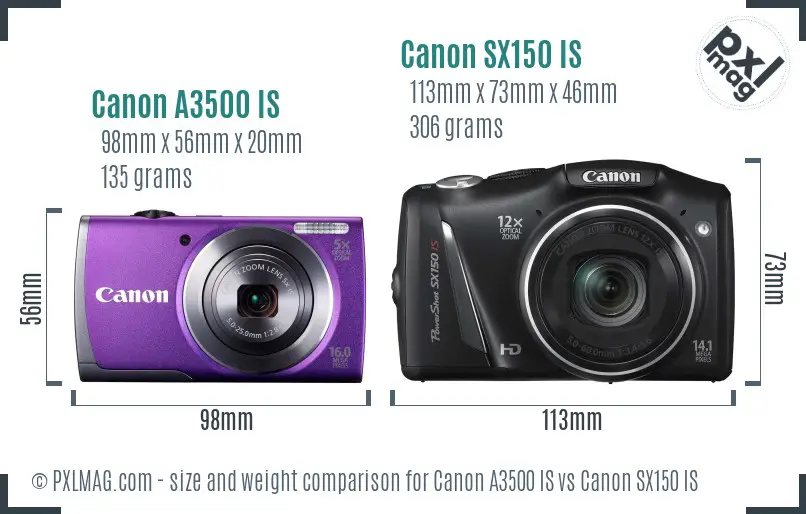 Canon A3500 IS vs Canon SX150 IS size comparison Canon A3500 IS vs Canon SX150 IS size comparison
