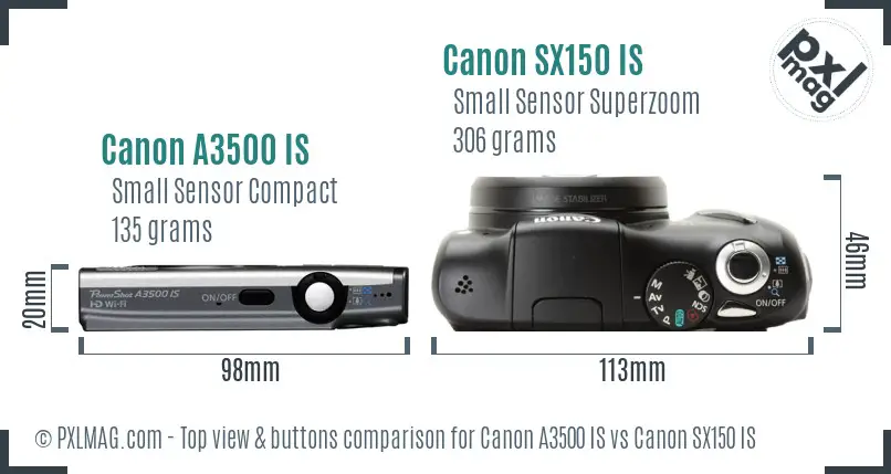 Canon A3500 IS vs Canon SX150 IS top view buttons comparison Canon A3500 IS vs Canon SX150 IS top view buttons comparison