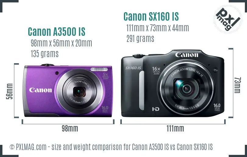 Canon A3500 IS vs Canon SX160 IS size comparison