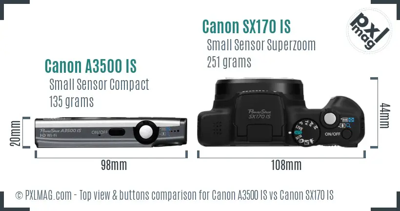 Canon A3500 IS vs Canon SX170 IS top view buttons comparison