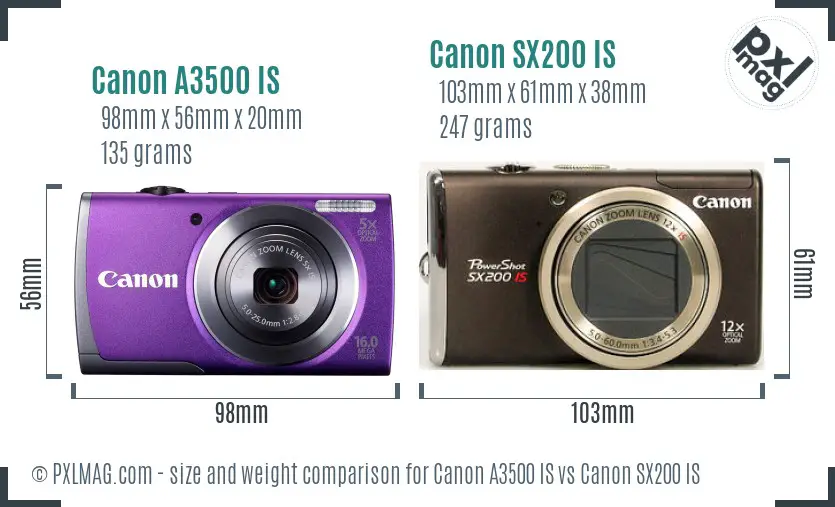 Canon A3500 IS vs Canon SX200 IS size comparison