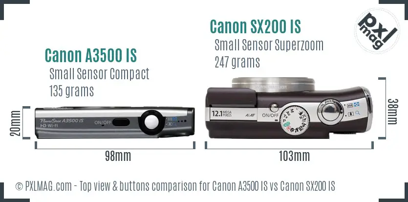 Canon A3500 IS vs Canon SX200 IS top view buttons comparison