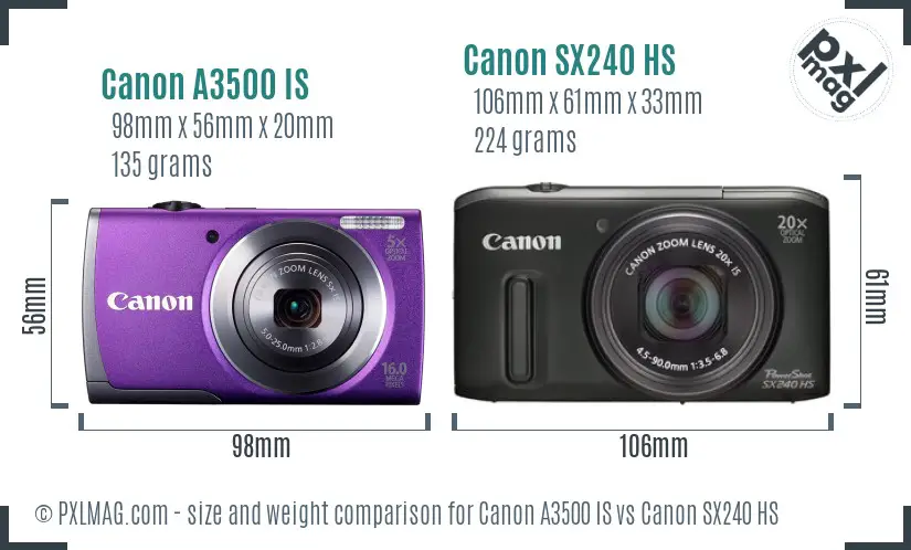 Canon A3500 IS vs Canon SX240 HS size comparison