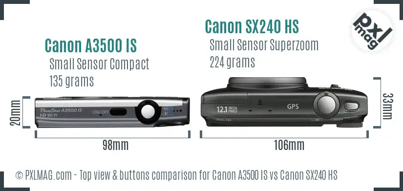 Canon A3500 IS vs Canon SX240 HS top view buttons comparison