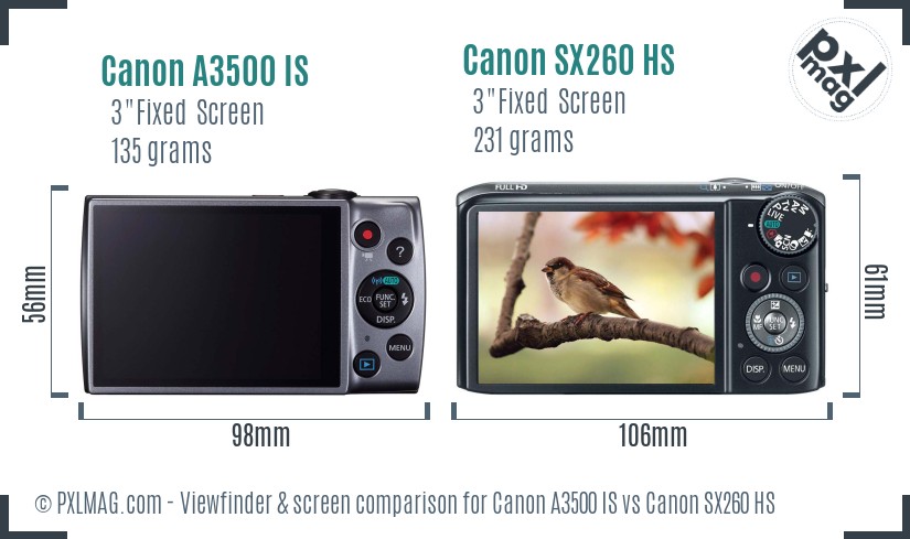 Canon A3500 IS vs Canon SX260 HS Screen and Viewfinder comparison