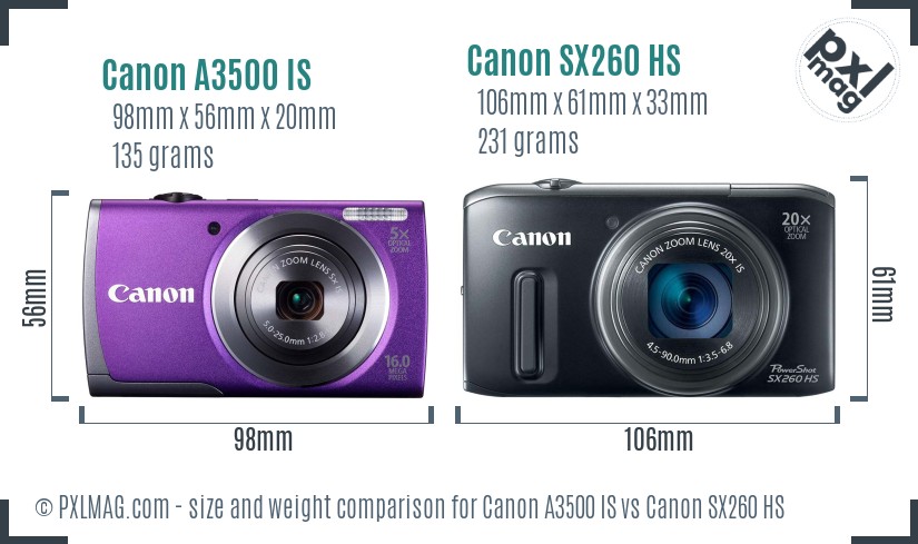 Canon A3500 IS vs Canon SX260 HS size comparison Canon A3500 IS vs Canon SX260 HS size comparison