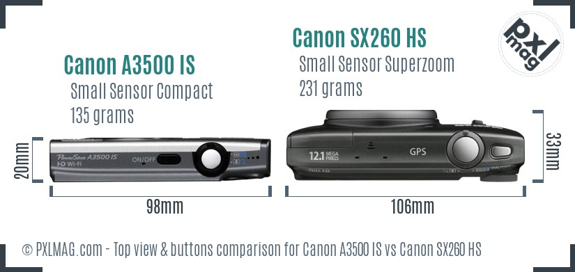 Canon A3500 IS vs Canon SX260 HS top view buttons comparison