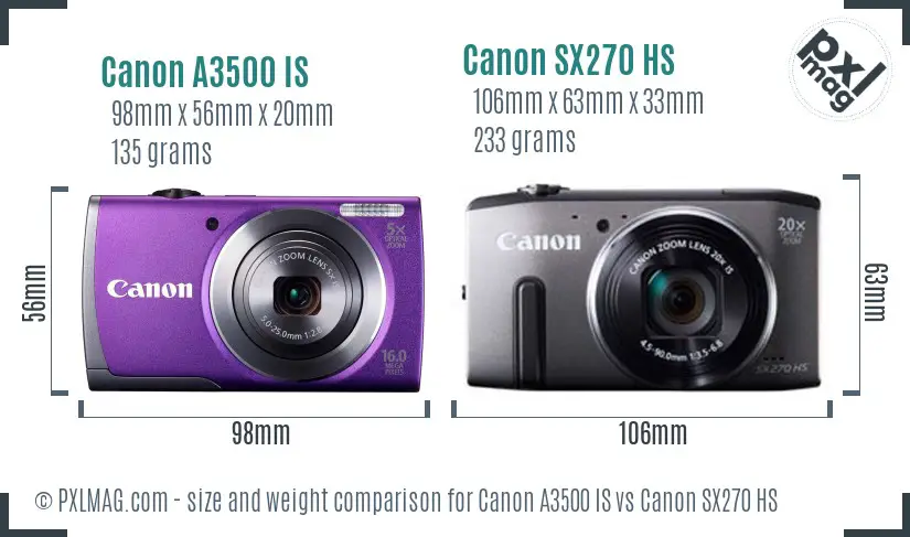 Canon A3500 IS vs Canon SX270 HS size comparison