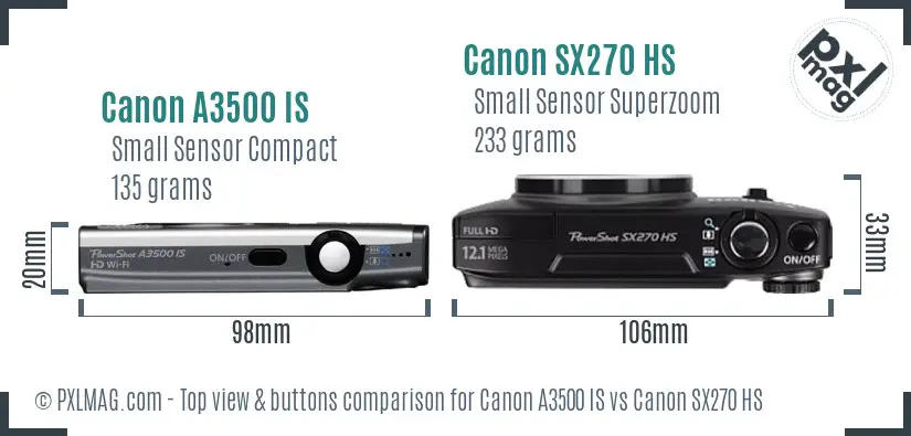 Canon A3500 IS vs Canon SX270 HS top view buttons comparison
