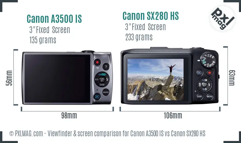 Canon A3500 IS vs Canon SX280 HS Screen and Viewfinder comparison