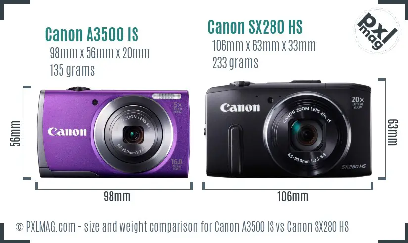 Canon A3500 IS vs Canon SX280 HS size comparison