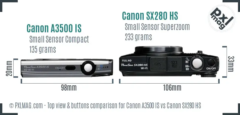 Canon A3500 IS vs Canon SX280 HS top view buttons comparison