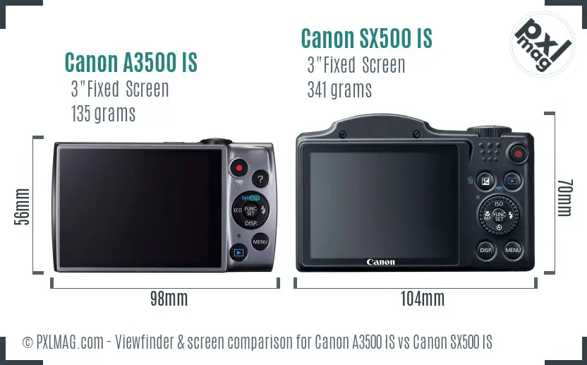Canon A3500 IS vs Canon SX500 IS Screen and Viewfinder comparison