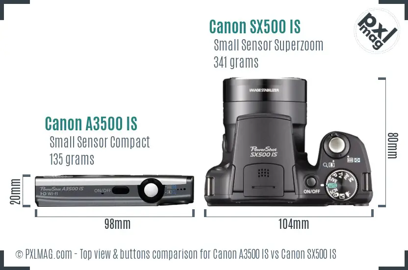 Canon A3500 IS vs Canon SX500 IS top view buttons comparison