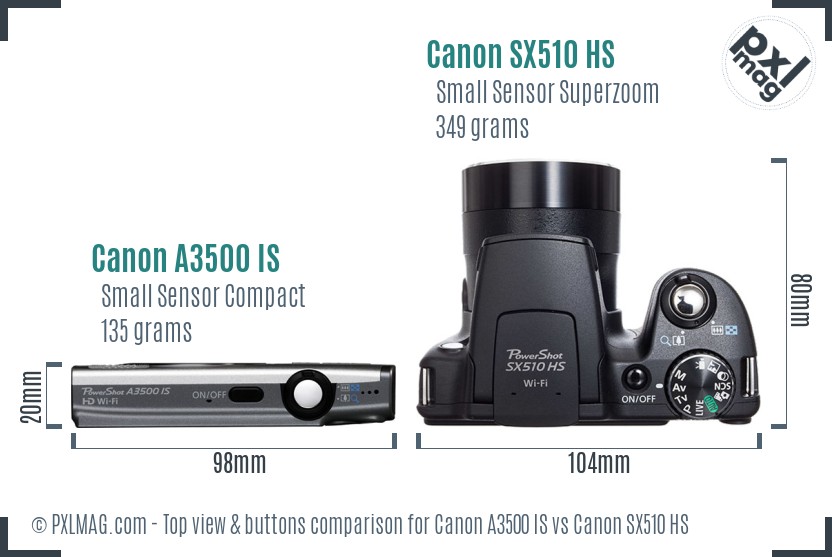 Canon A3500 IS vs Canon SX510 HS top view buttons comparison