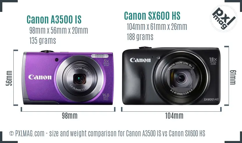 Canon A3500 IS vs Canon SX600 HS size comparison