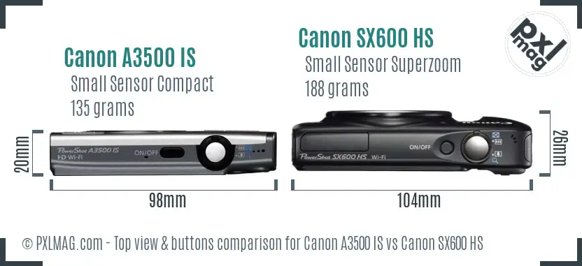 Canon A3500 IS vs Canon SX600 HS top view buttons comparison