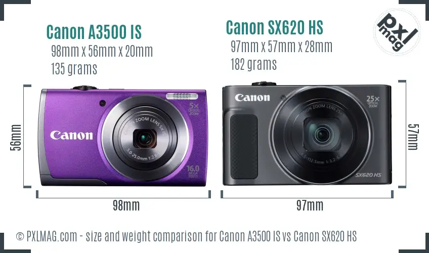 Canon A3500 IS vs Canon SX620 HS size comparison