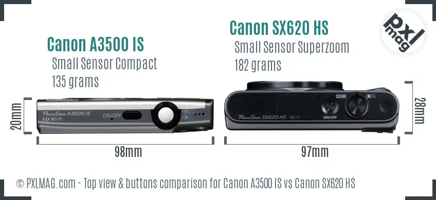 Canon A3500 IS vs Canon SX620 HS top view buttons comparison