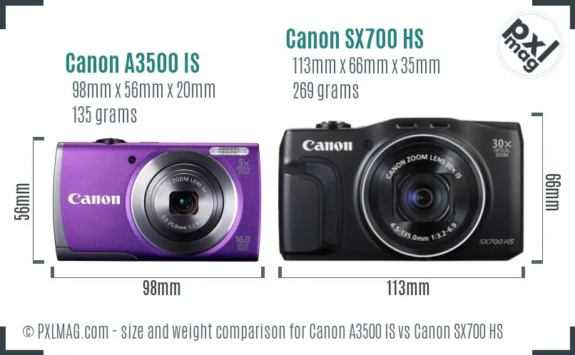 Canon A3500 IS vs Canon SX700 HS size comparison
