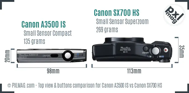 Canon A3500 IS vs Canon SX700 HS top view buttons comparison