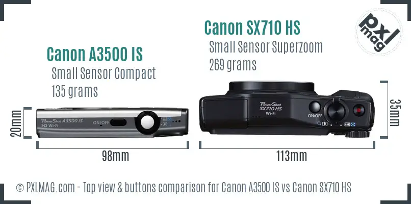 Canon A3500 IS vs Canon SX710 HS top view buttons comparison