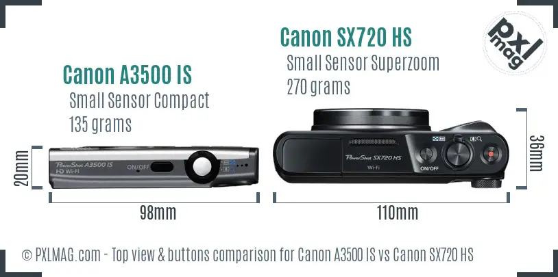 Canon A3500 IS vs Canon SX720 HS top view buttons comparison