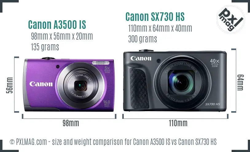 Canon A3500 IS vs Canon SX730 HS size comparison Canon A3500 IS vs Canon SX730 HS size comparison
