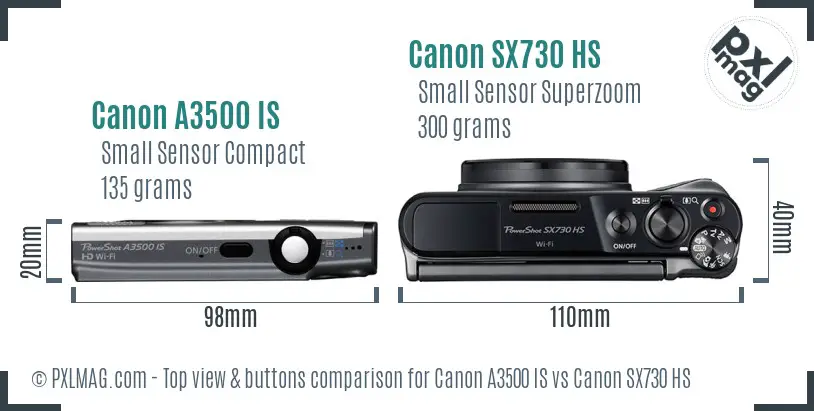 Canon A3500 IS vs Canon SX730 HS top view buttons comparison Canon A3500 IS vs Canon SX730 HS top view buttons comparison