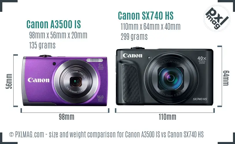 Canon A3500 IS vs Canon SX740 HS size comparison