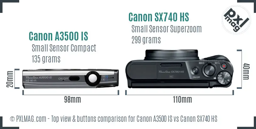 Canon A3500 IS vs Canon SX740 HS top view buttons comparison