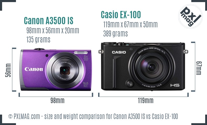 Canon A3500 IS vs Casio EX-100 size comparison